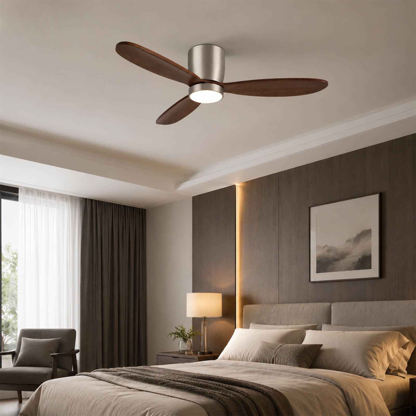 Quiet 35W Motor 6 Speed Flush Ceiling Fan 3 Color Temperature LED Light Remote