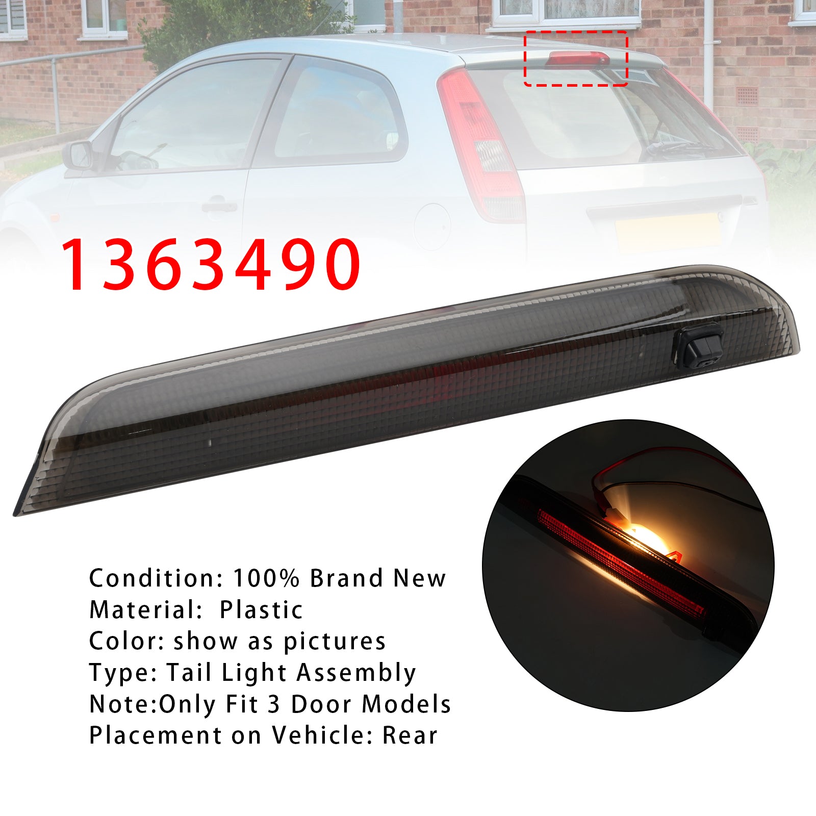 Third Brake Light Auxiliary Brake For Ford Fiesta 3 Door MK6 2003-2008 Smoke