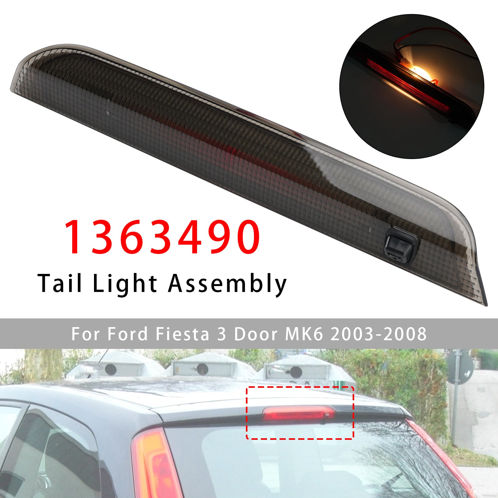Third Brake Light Auxiliary Brake For Ford Fiesta 3 Door MK6 2003-2008 Smoke