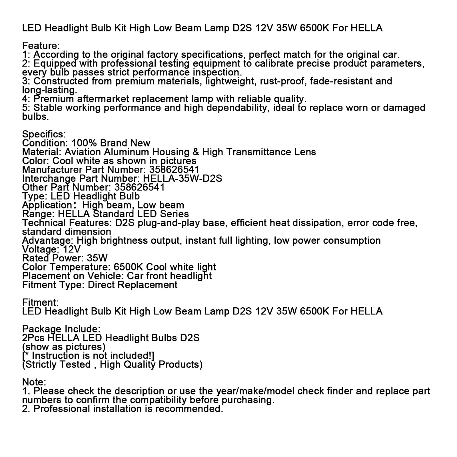 LED Headlight Bulb Kit High Low Beam Lamp D2S 12V 35W 6500K For HELLA