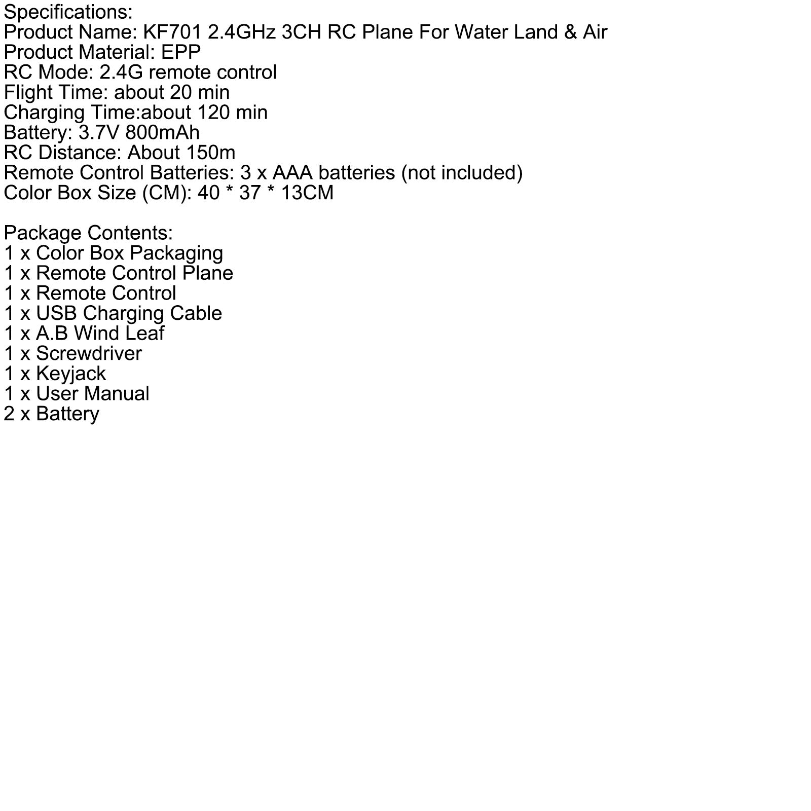 KF701 2.4GHz 3CH RC Plane For Water Land & Air Aircraft Remote With 2 Batteries