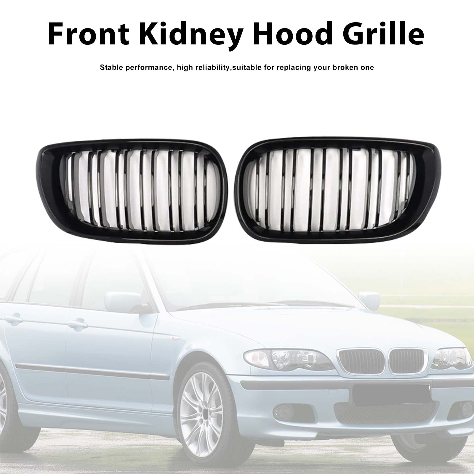 Front Kidney Hood Grille Grill For BMW E46 3 Series 4 Door 2002-2005 Gloss Black