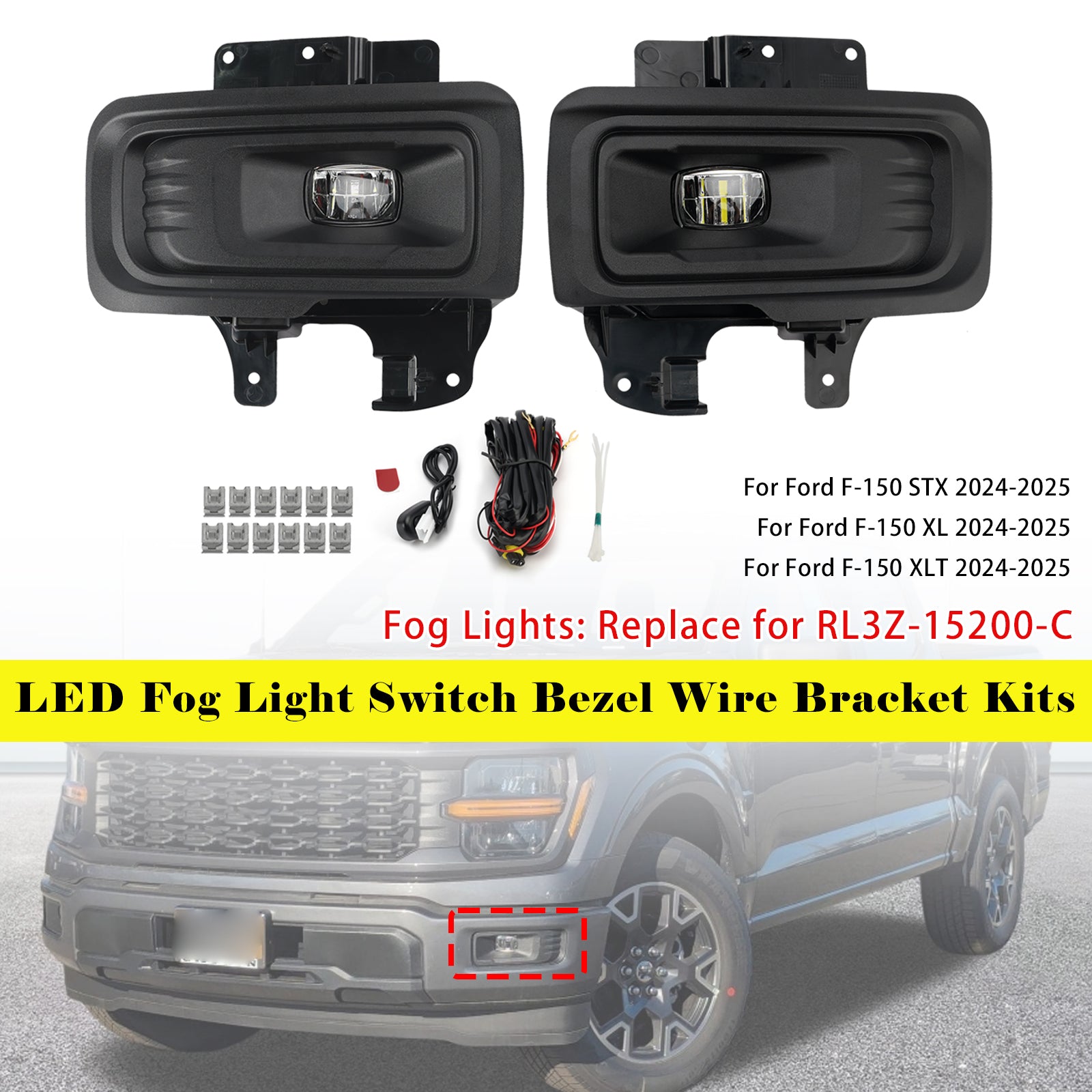 LED Fog Light Switch Bezel Wire Bracket Kits For Ford F150 STX XL XLT 2024-2025