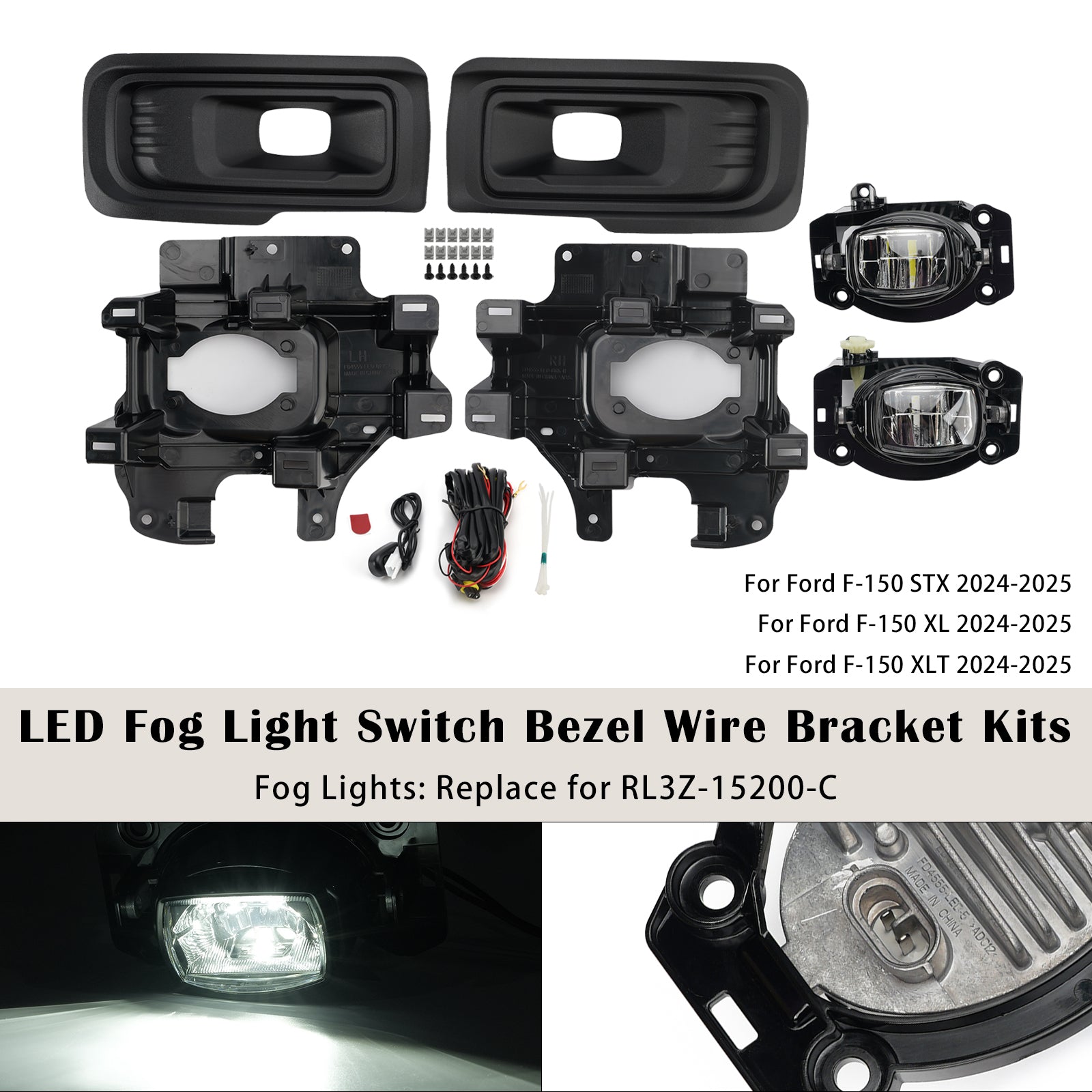 LED Fog Light Switch Bezel Wire Bracket Kits For Ford F150 STX XL XLT 2024-2025