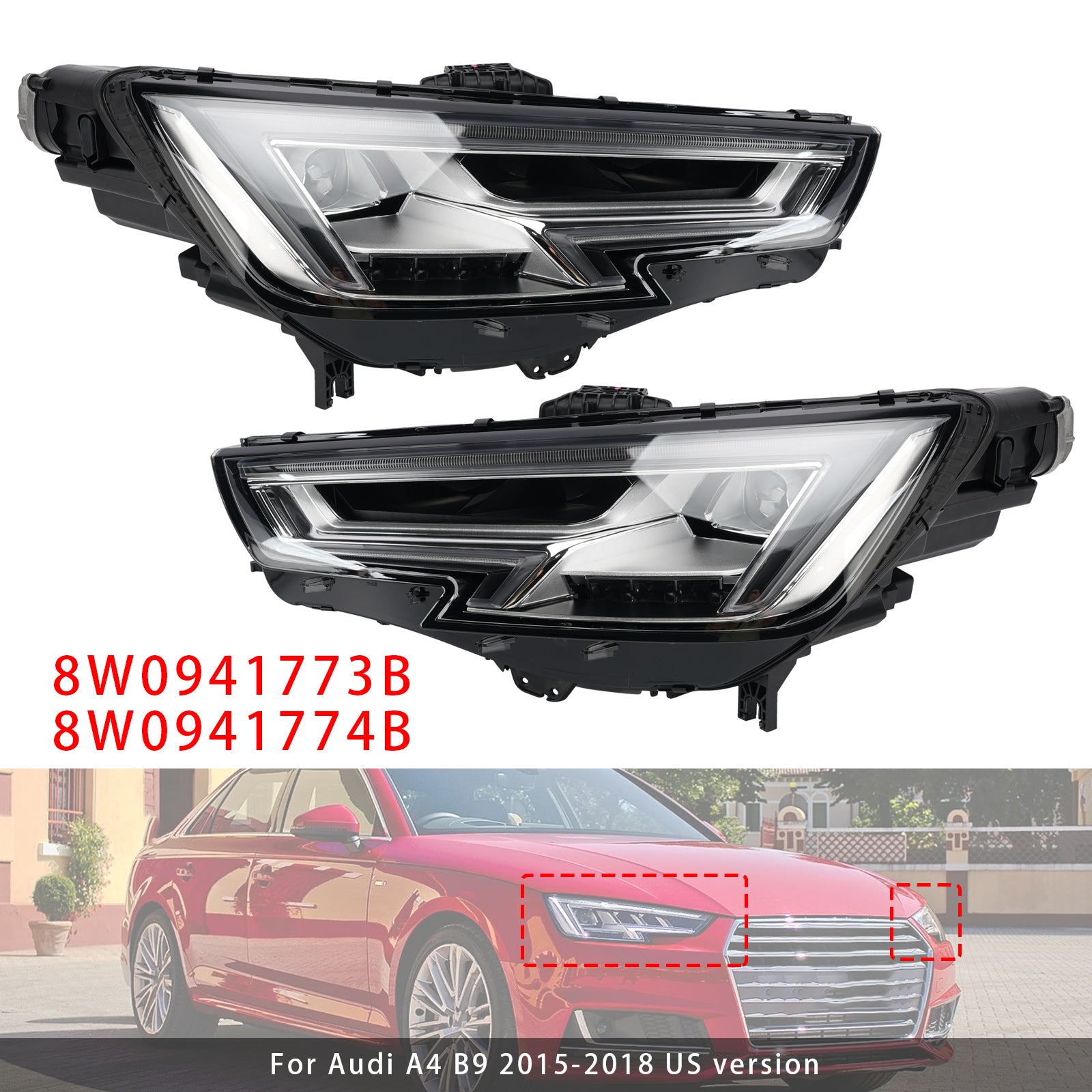 LED Left+Right Headlight 8W0941773B 8W0941774B For Audi A4 B9 2015-2018