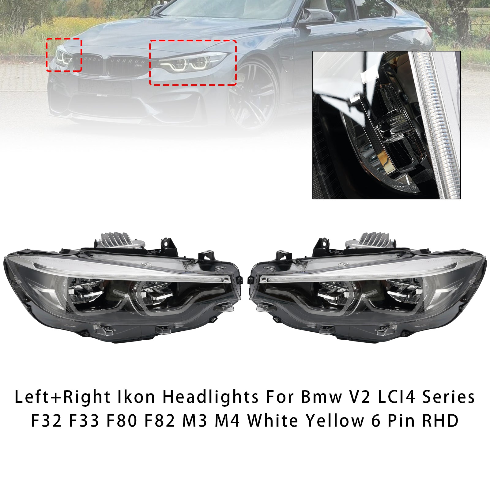 Ikon Headlights For BMW V2 LCI4 Series F32 F33 F80 F82 M3 White Yellow 6 Pin RHD
