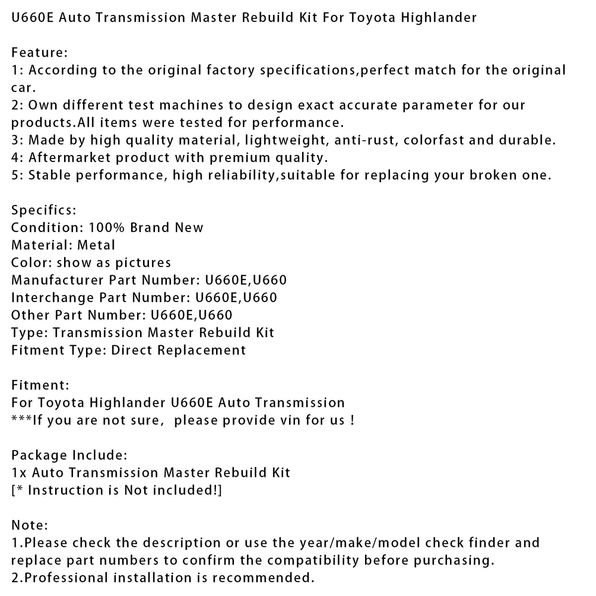 U660E Auto Transmission Master Rebuild Kit For Toyota Highlander