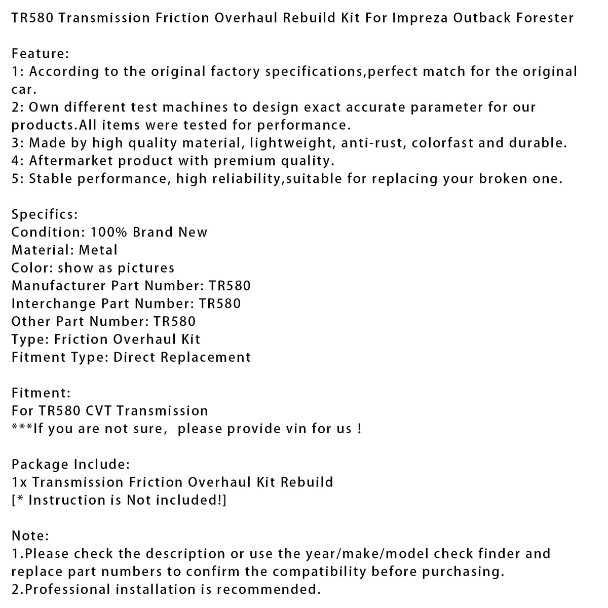 TR580 Transmission Friction Overhaul Rebuild Kit For Impreza Outback Forester