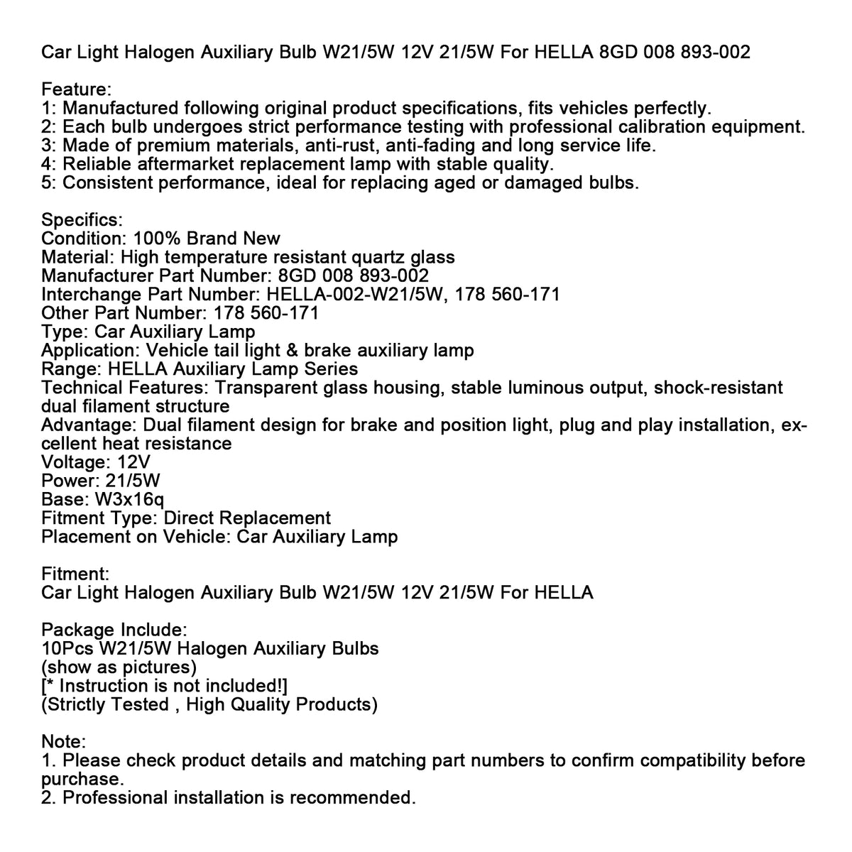 Car Light Halogen Auxiliary Bulb W21/5W 12V 21/5W For HELLA 8GD 008 893-002