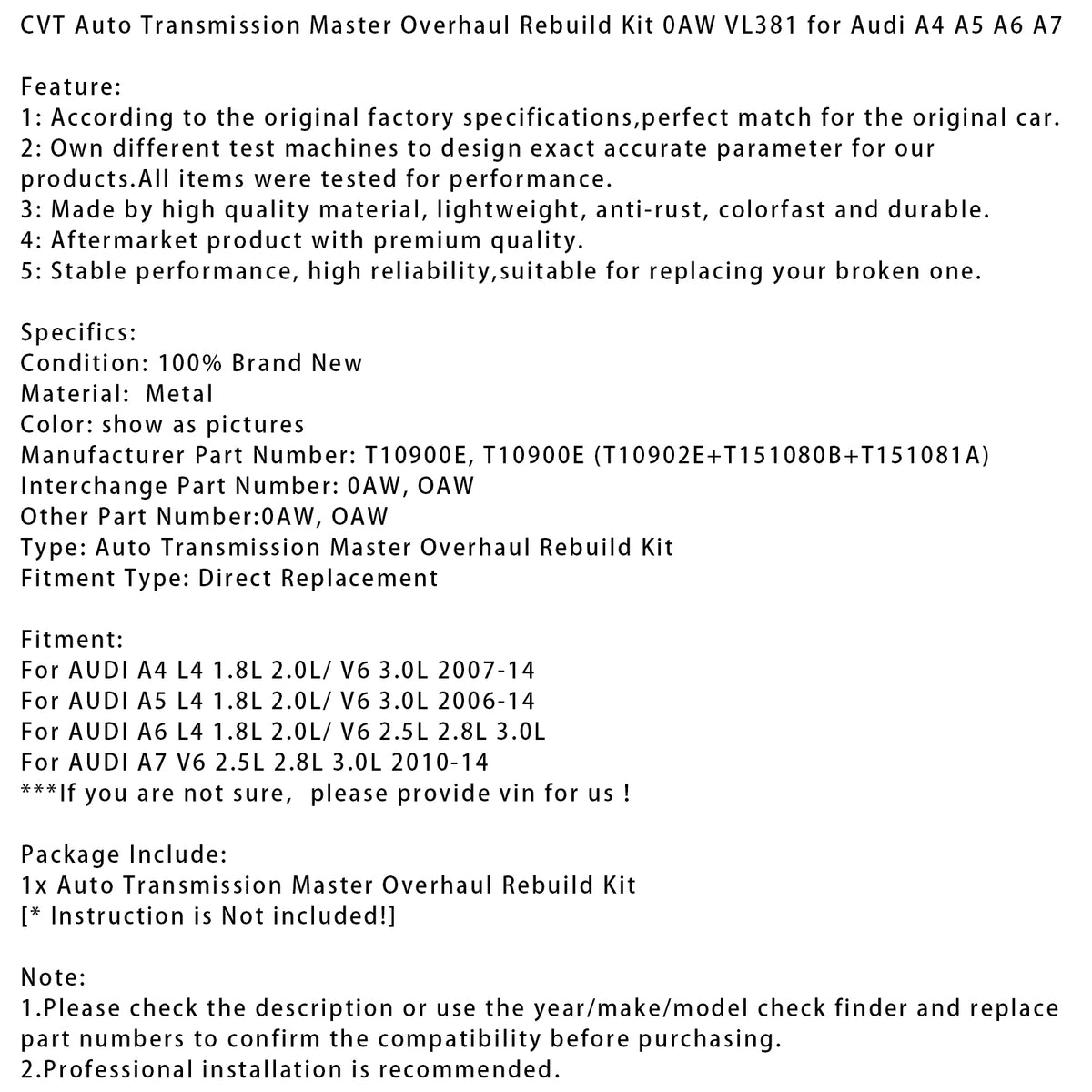 CVT Auto Transmission Master Overhaul Rebuild Kit 0AW VL381 For Audi A4 A5 A6 A7