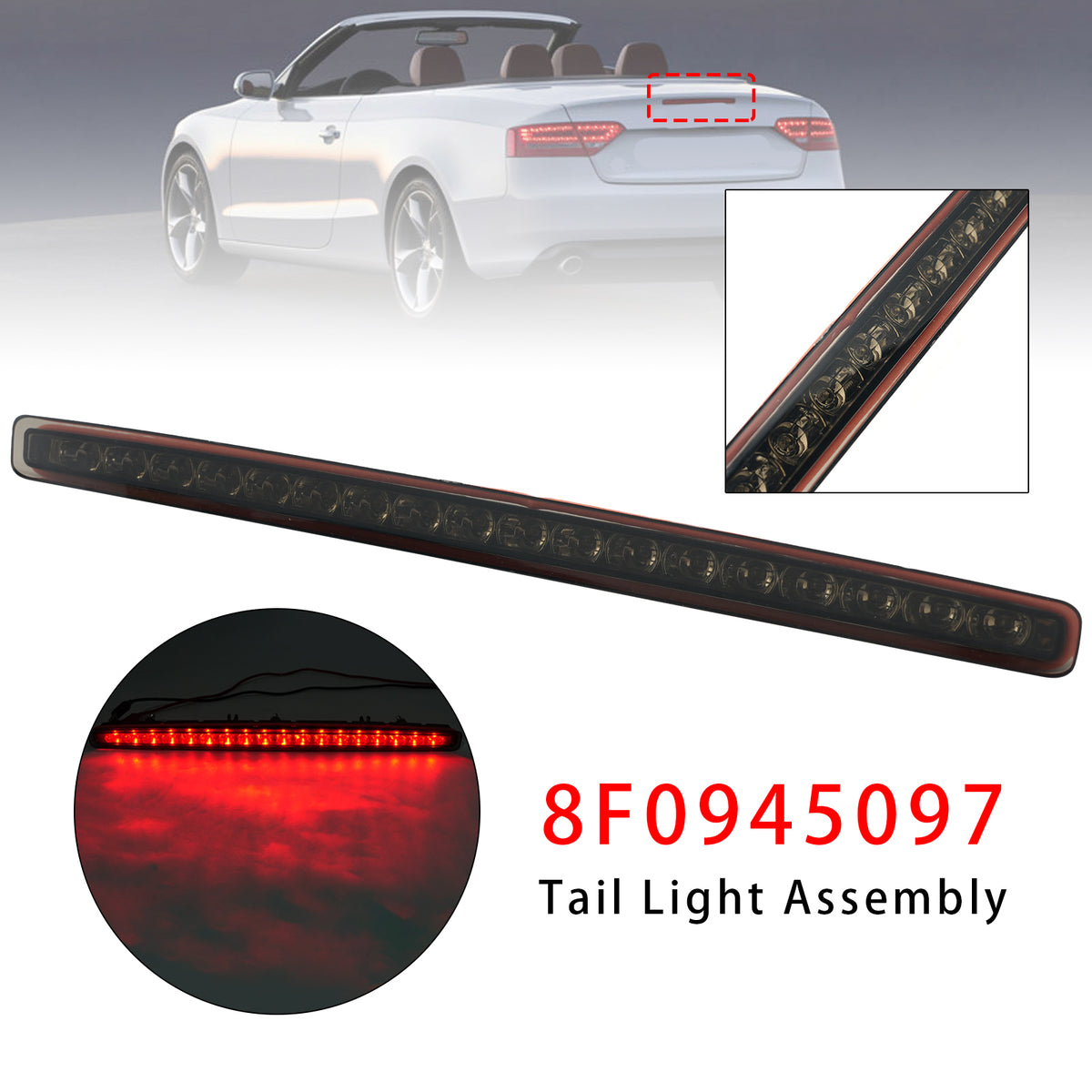 Rear Third 3Rd Brake Lamp Light 8F0945097 Black For Audi A5 Cabriolet 2009-2016