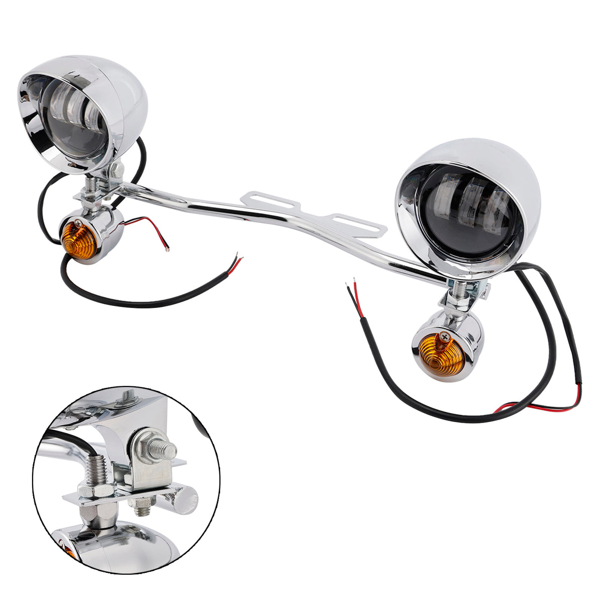 Motorcycle Beam Fog Lamp Custom Chrome W/ Bracket Led For Racer Bobber Chopper
