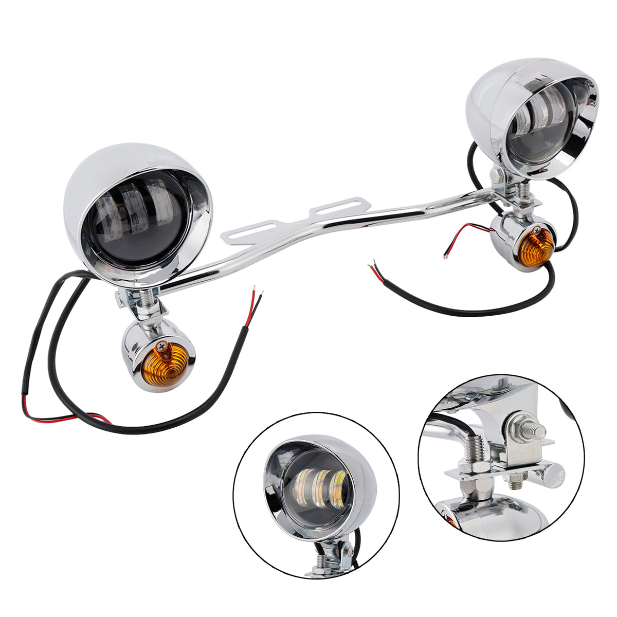 Motorcycle Beam Fog Lamp Custom Chrome W/ Bracket Led For Racer Bobber Chopper