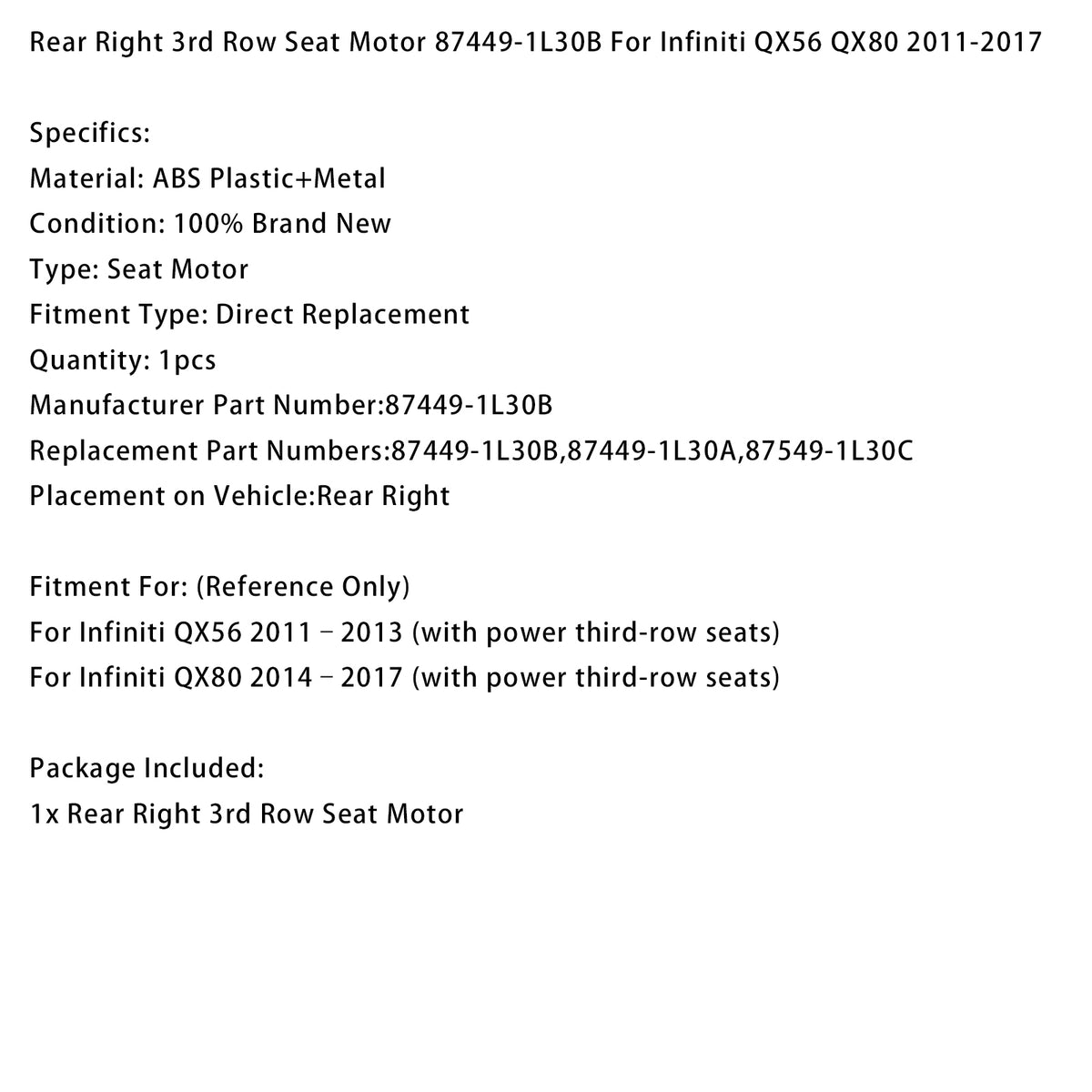 Rear Right 3Rd Row Seat Motor 87449-1L30B For Infiniti QX56 QX80 2011-2017