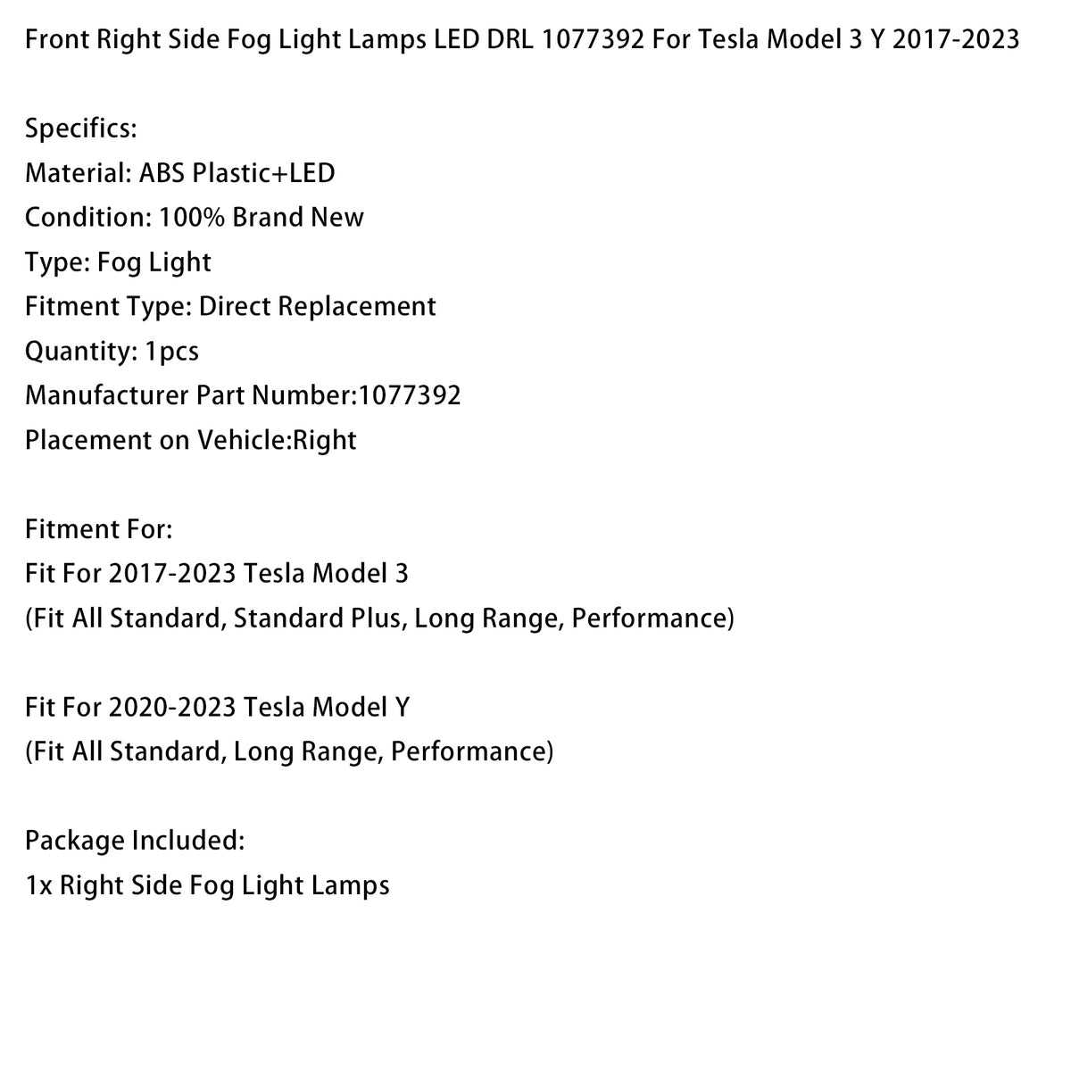 Front Right Fog Light Lamps LED DRL 1077392 For Tesla Model 3 Y 2017?2023