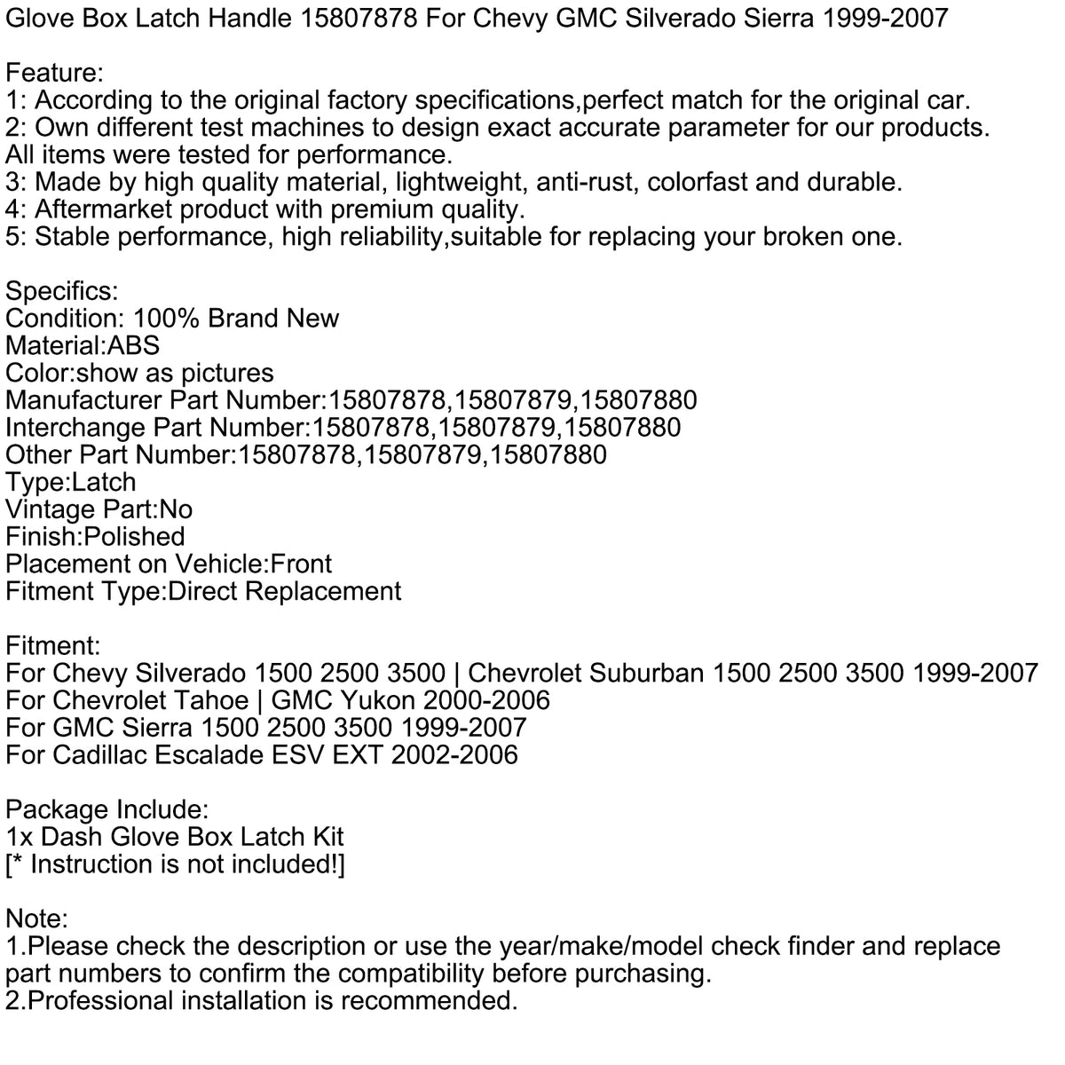 Glove Box Latch Handle 15807878 For Chevy GMC Silverado Sierra 1999-2007
