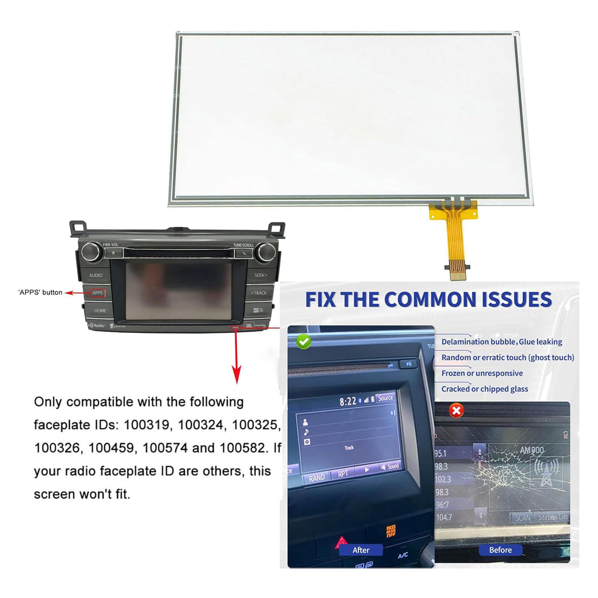 Touch Screen Digitizer Glass 6.1 inch 12 Pins For RAV4 W/APPS Button 2014-2018