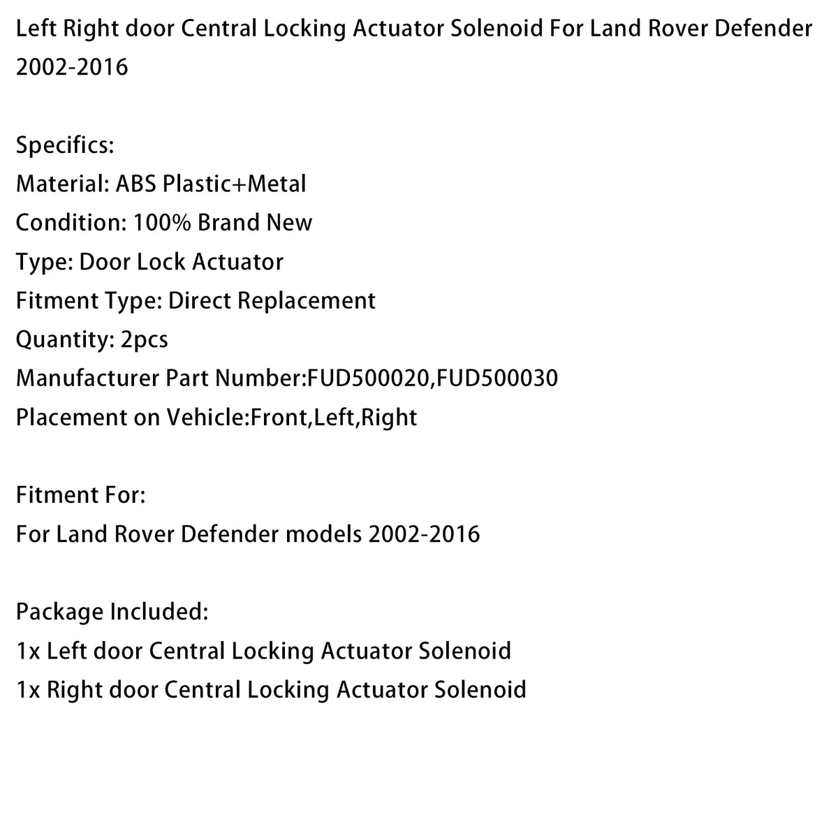 Pair Central Locking Actuator Solenoid For Land Rover Defender 2002-2016