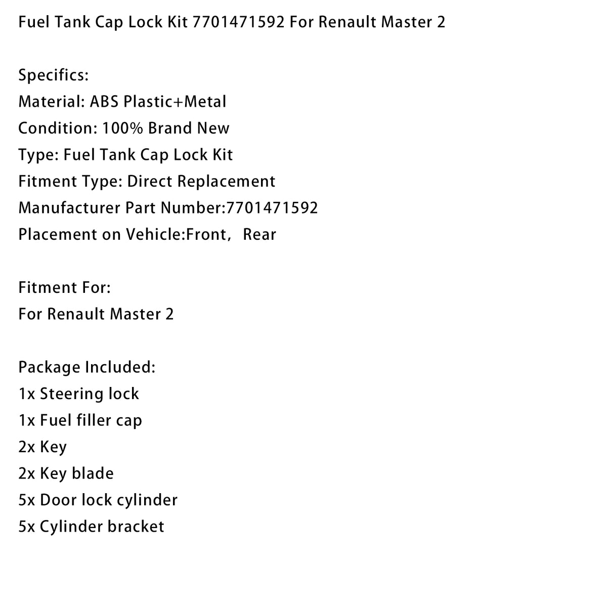 Fuel Tank Cap Lock Kit 7701471592 For Renault Master 2
