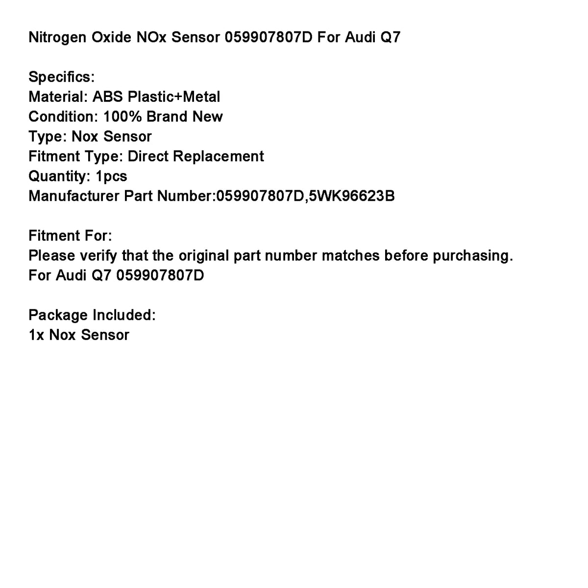 Nitrogen Oxide NOx Sensor 059907807D For Audi Q7