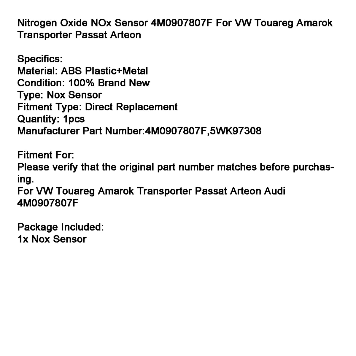 Nitrogen ONOx Sensor 4M0907807F For VW Touareg Amarok Transporter Passat Arteon