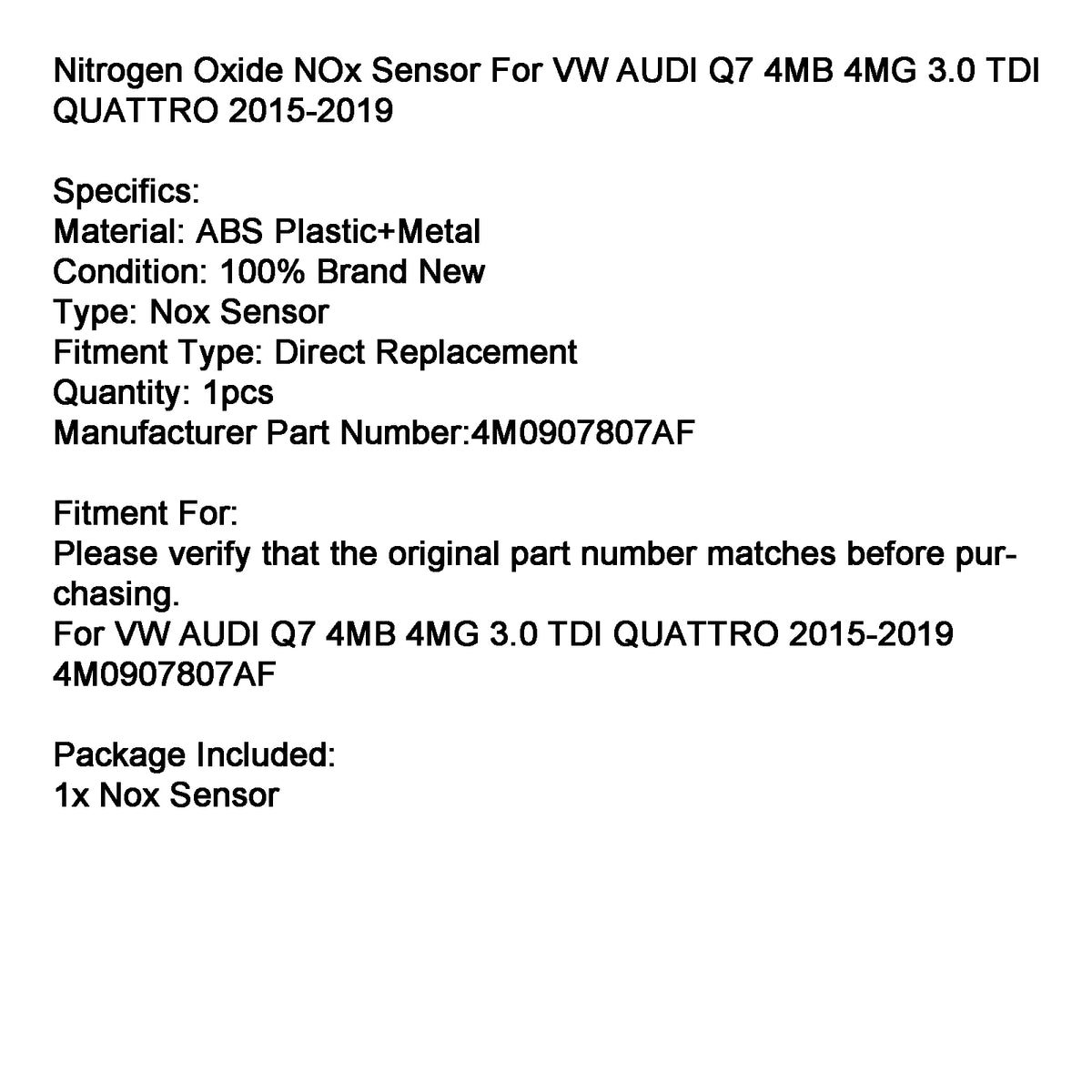 Nitrogen Oxide NOx Sensor 4M0907807AF For VW Audi Q7 3.0 Tdi Quattro 2015-2019