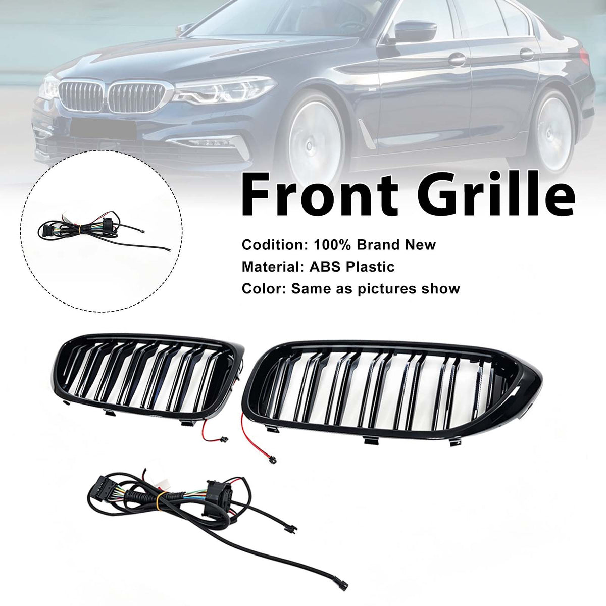 Double Slat Front Kidney Grille Fit BMW 5 Series G30 G31 2017-2020 W/LED