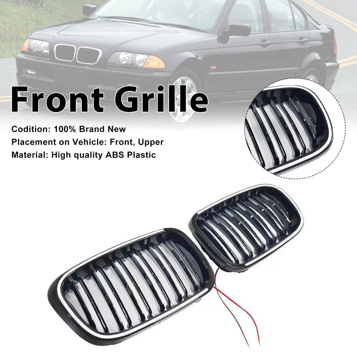 Black Front Bumper Grille Fit BMW 3 Series E46 4-Door Pre-LCI 1999-2001 W/LED