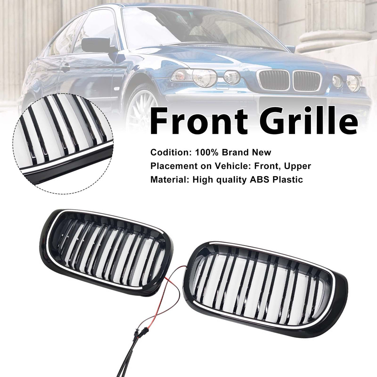Black Front Bumper Grille Fit BMW 3 Series E46 4-Door LCI 2002-2005 W/LED