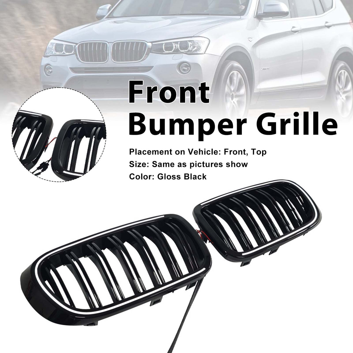 Gloss Black Front Bumper Kidney Grille Fit BMW X3 X4 F25 F26 2014-2017 W/LED