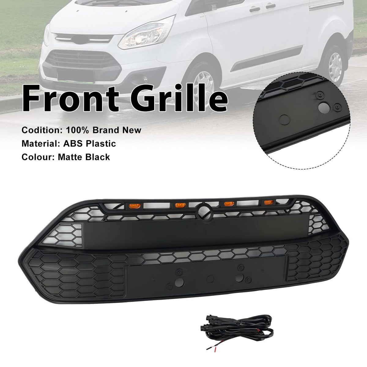 Matte Black Front Bumper Grille Grill Fit Ford Transit Custom 2013-2017 W/LED