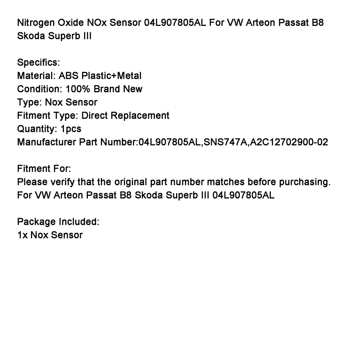 NOx Sensor 04L907805AL For VW Arteon Passat B8 Skoda Superb III
