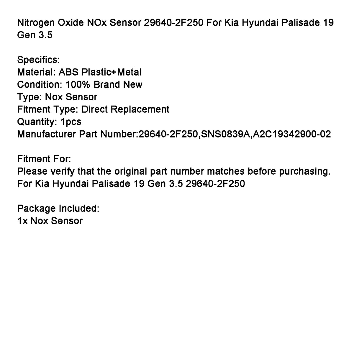 Nitrogen NOx Sensor 29640?2F250 For Kia Hyundai Palisade 19 Gen 3.5