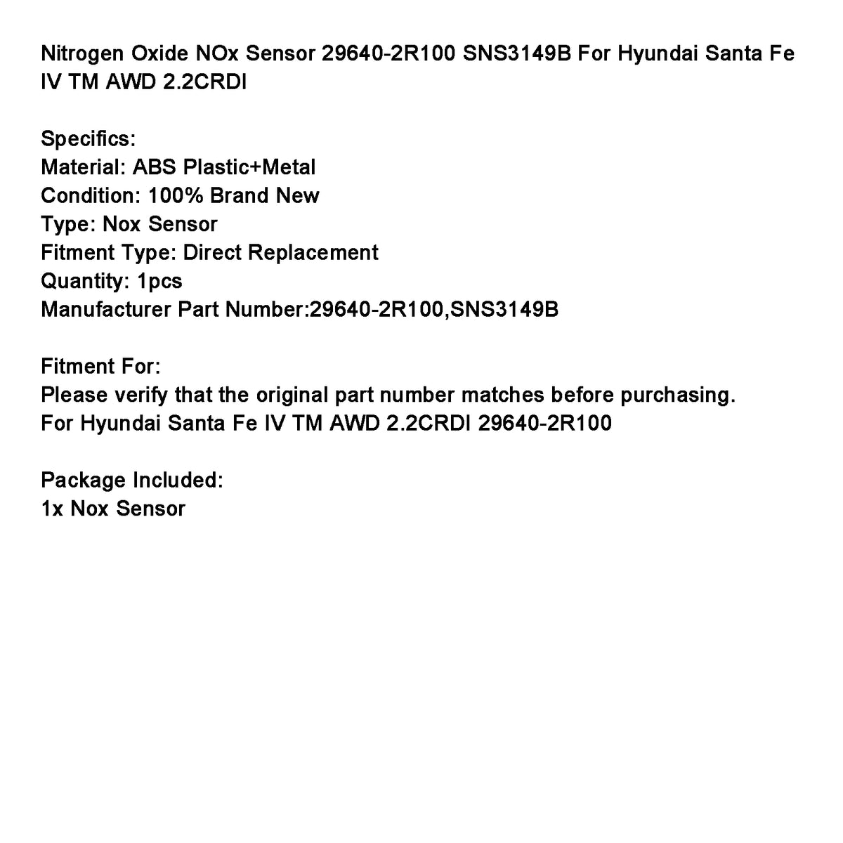 Nitrogen Oxide NOx Sensor 29640-2R100 SNS3149B For Hyundai Santa Fe IV 2.2CRDI