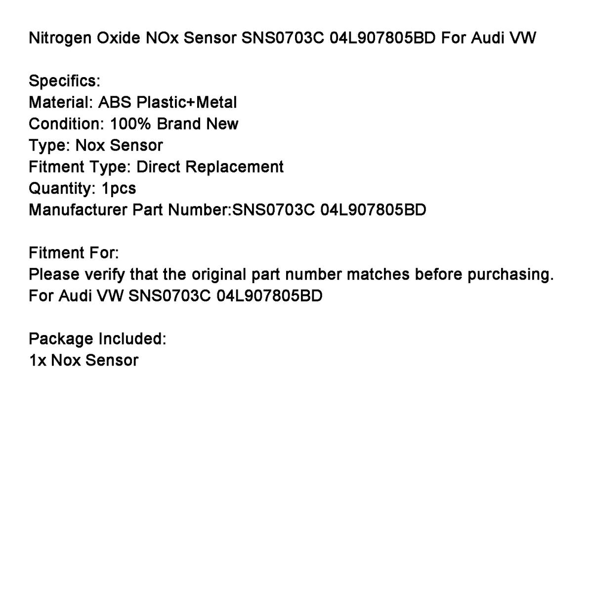 Nitrogen Oxide NOx Sensor SNS0703C 04L907805BD For Audi VW