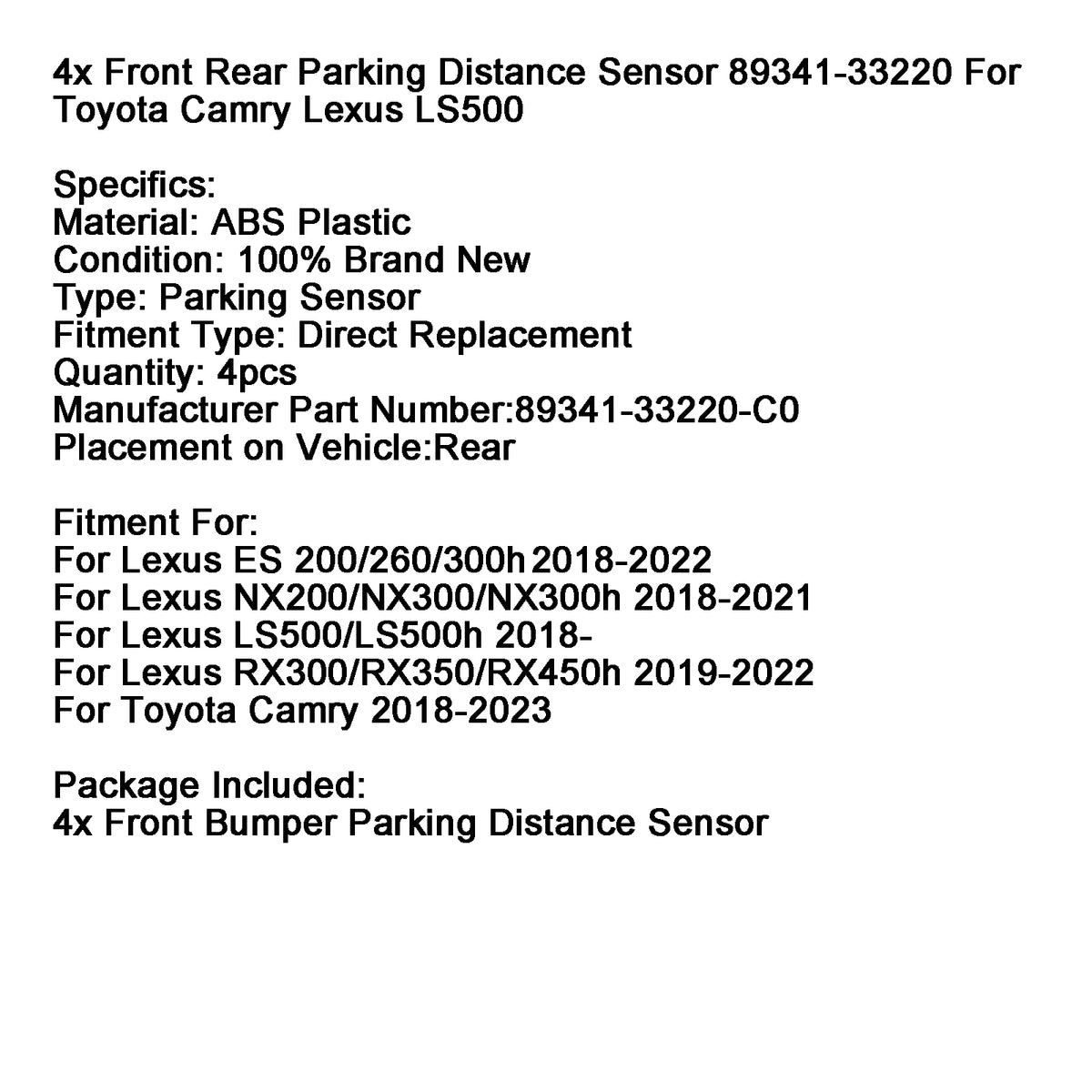 4x Parking Distance Sensor 89341-33220 For Toyota Camry Lexus LS500