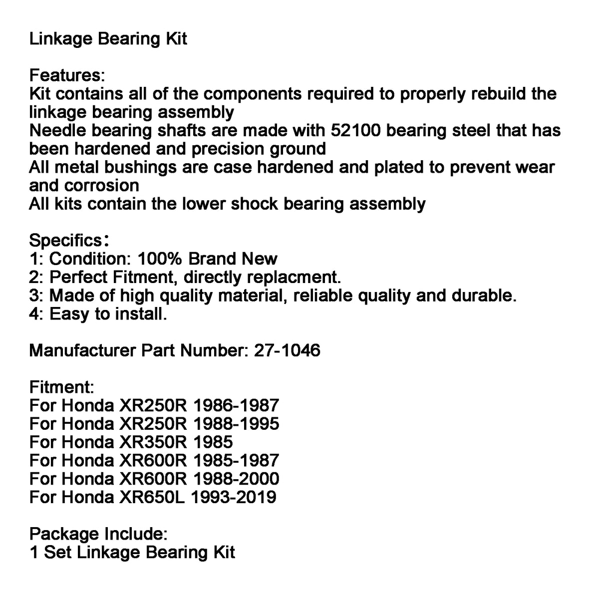 Linkage Bearing Kit 27-1046 For Honda XR250R XR350R XR600R XR650L 93-19