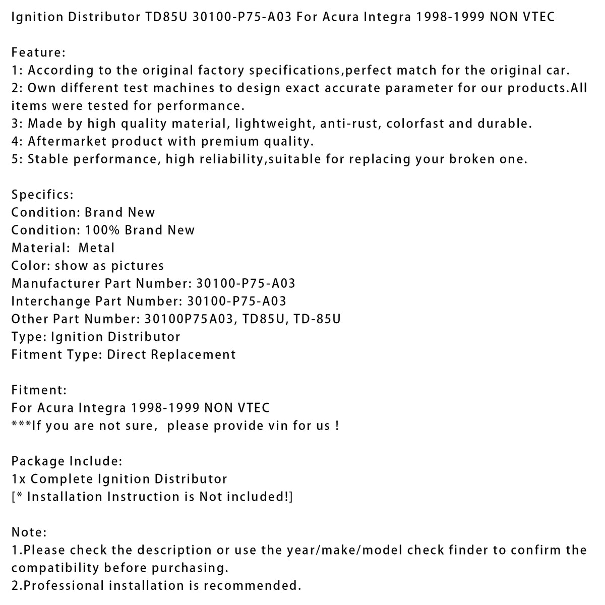 Ignition Distributor TD85U 30100-P75-A03 For Acura Integra 1998-1999 NON VTEC