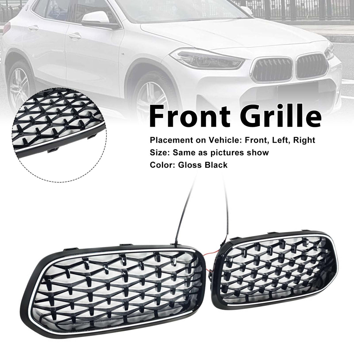 Black Front Bumper Grill Grille Fit BMW X2 Series F39 2018-2023 Diamond