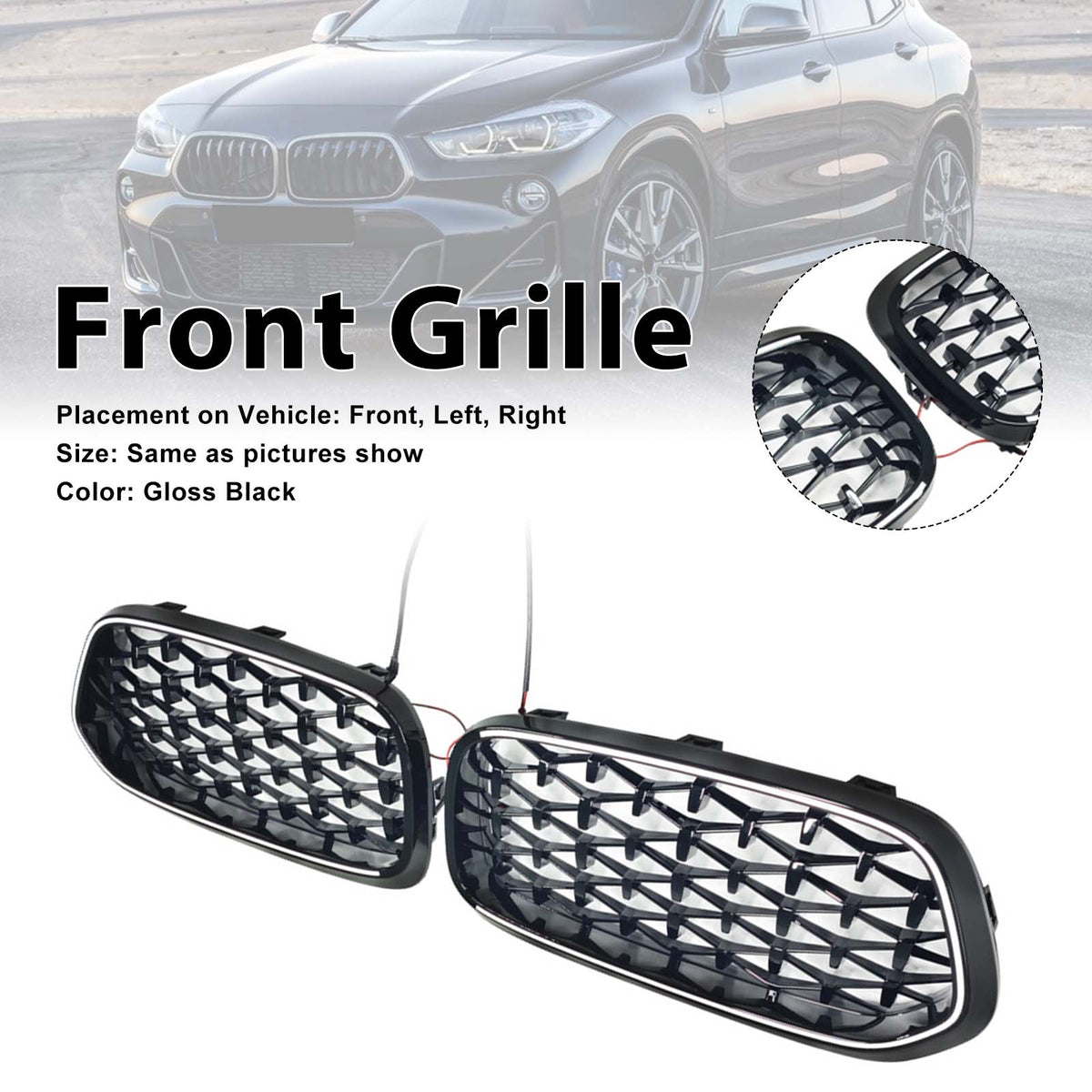 Black Front Bumper Grill Grille Fit BMW X2 Series F39 2018-2023 Diamond