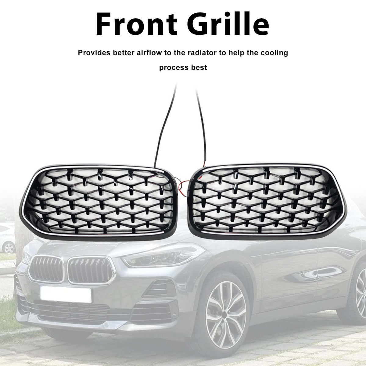 Black Front Bumper Grill Grille Fit BMW X2 Series F39 2018-2023 Diamond