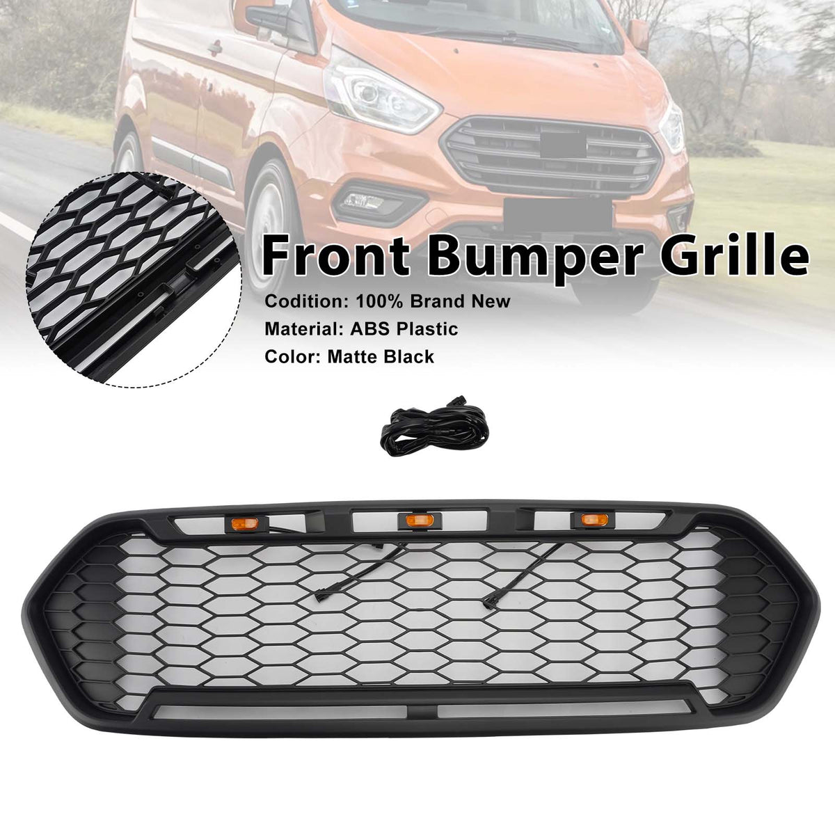 Matte Black Front Bumper Grille Fit Ford Transit Custom Trail 2018-2023 W/3LED