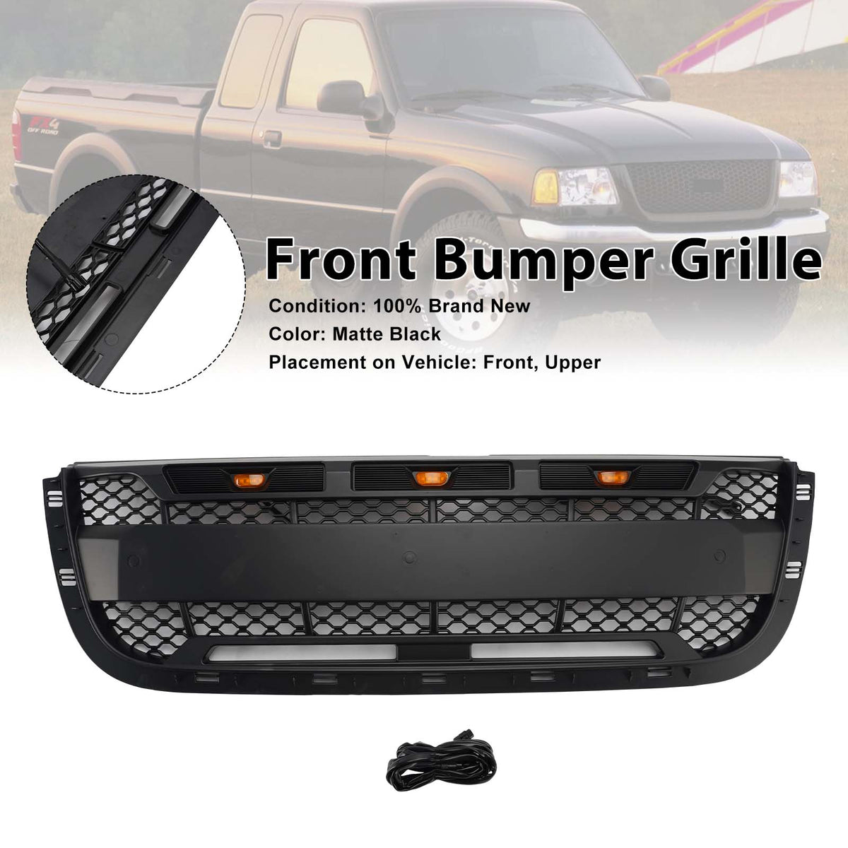 Matt Black Front Bumper Grill Grille Fit Ford Ranger 2001-2003 With LED Light