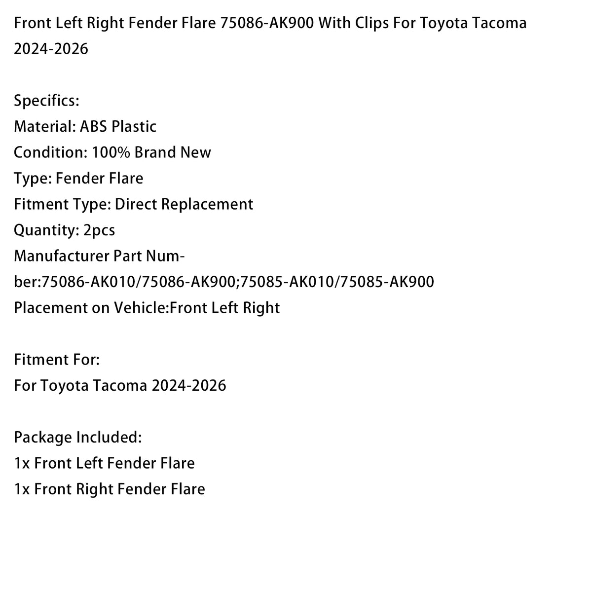 Front Left Right Fender Flare With Clips For Toyota Tacoma 2024-2026