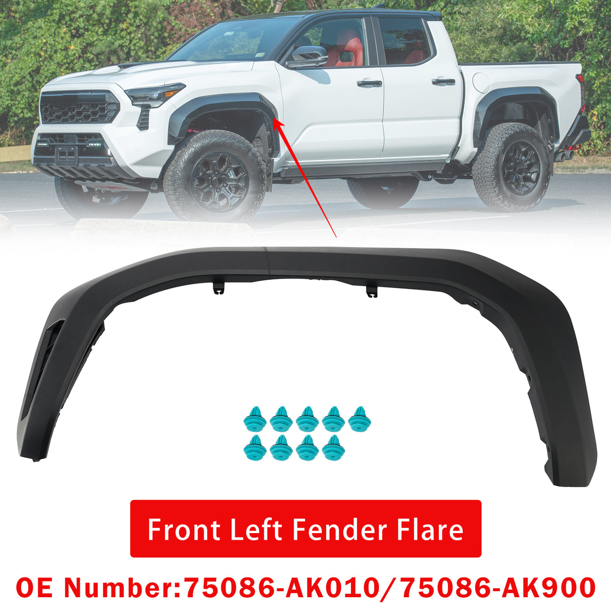 Front Left Fender Flare 75086-AK900 With Clips For Toyota Tacoma 2024-2026