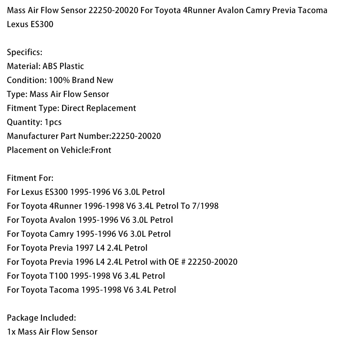 Mass Air Flow Meter Sensor 22250-20020 For Toyota 4Runner Tacoma Lexus ES300