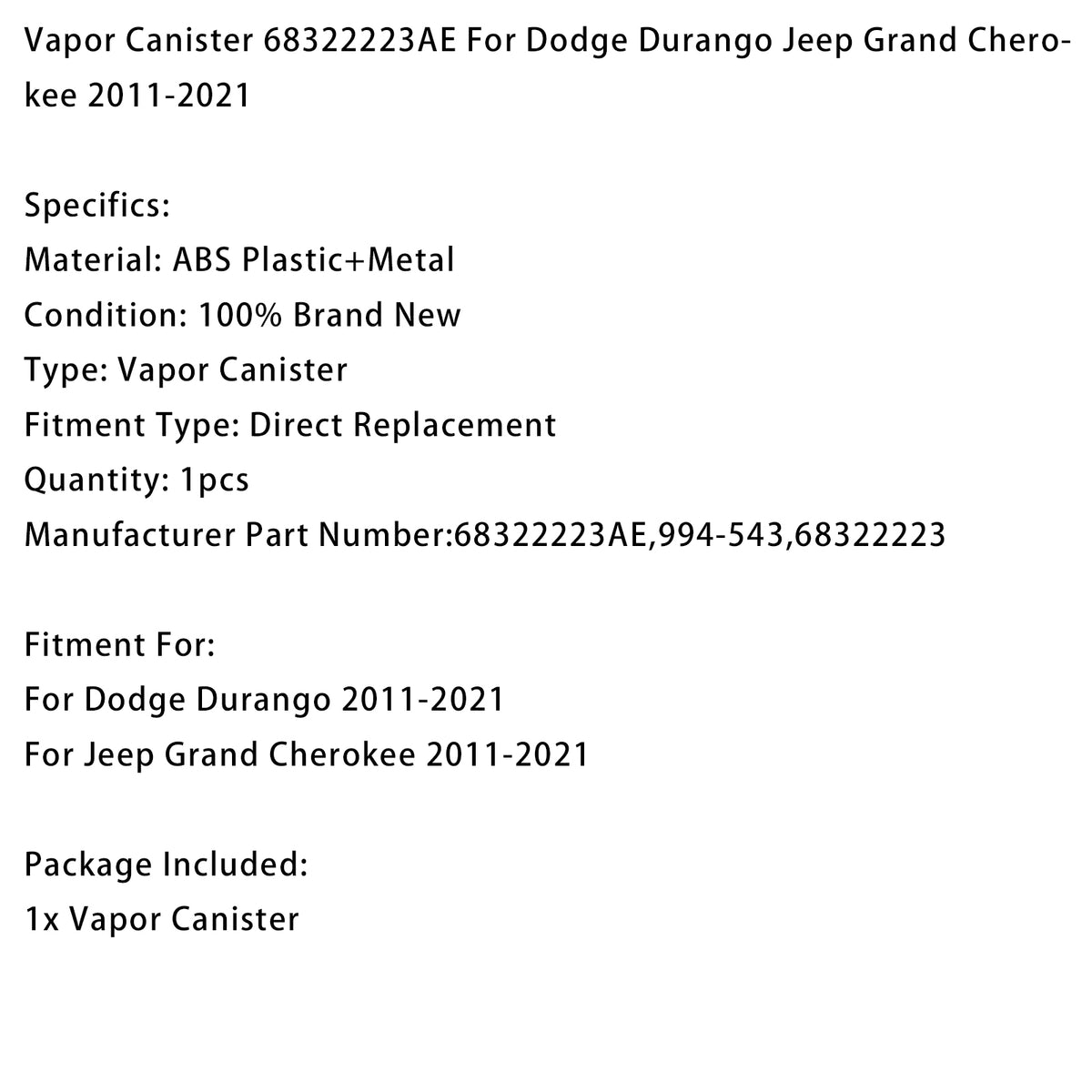 Vapor Canister 68322223AE For Dodge Durango Jeep Grand Cherokee 2011-2021