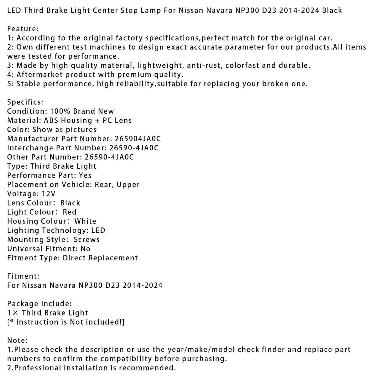 LED Third Brake Light Center Stop Lamp For Nissan Navara 2014?2024 Black