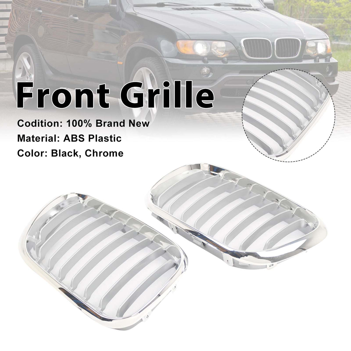 Black Chrome Front Kidney Grille BM1200152 Fit BMW X5 E53 2000-2003 Single Slat