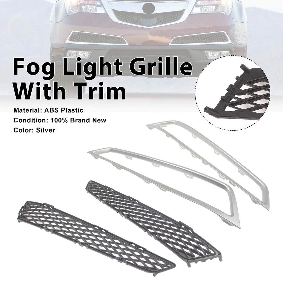 2PCS Front Grille Fog Light Cover W/ Trim Fit Acura MDX 2010-2013 Silver